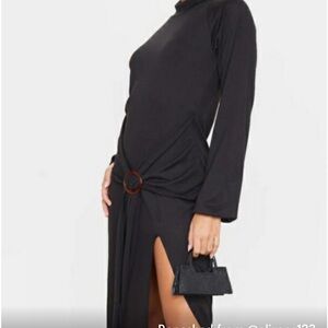 New Pretty Young Thing  Black Dress Long Sleeve ties at Waist w/Tortoise Ring